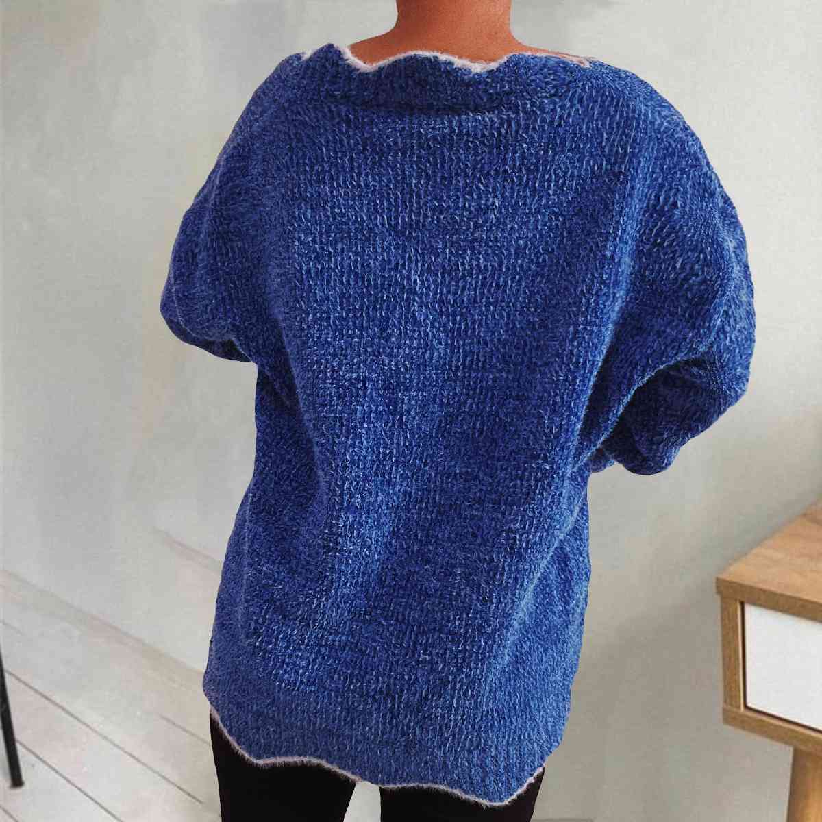 V-Neck Drop Shoulder Long Sleeve Sweater BLUE ZONE PLANET