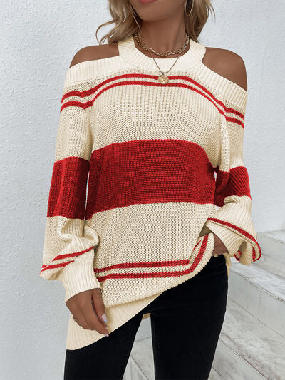 Blue Zone Planet |  Color Block Striped Cold Shoulder Sweater BLUE ZONE PLANET