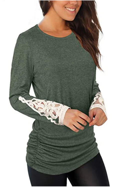 Lace Detail Long Sleeve Round Neck T-Shirt BLUE ZONE PLANET