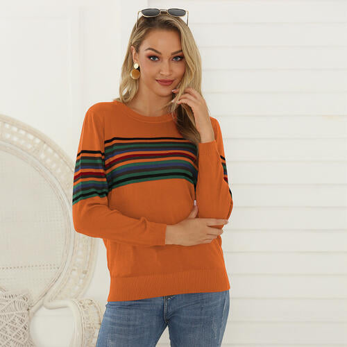 Striped Round Neck Long Sleeve Sweater BLUE ZONE PLANET