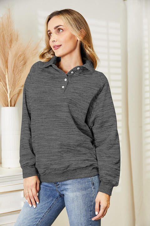 Ninexis Full Size Quarter-Button Collared Sweatshirt BLUE ZONE PLANET