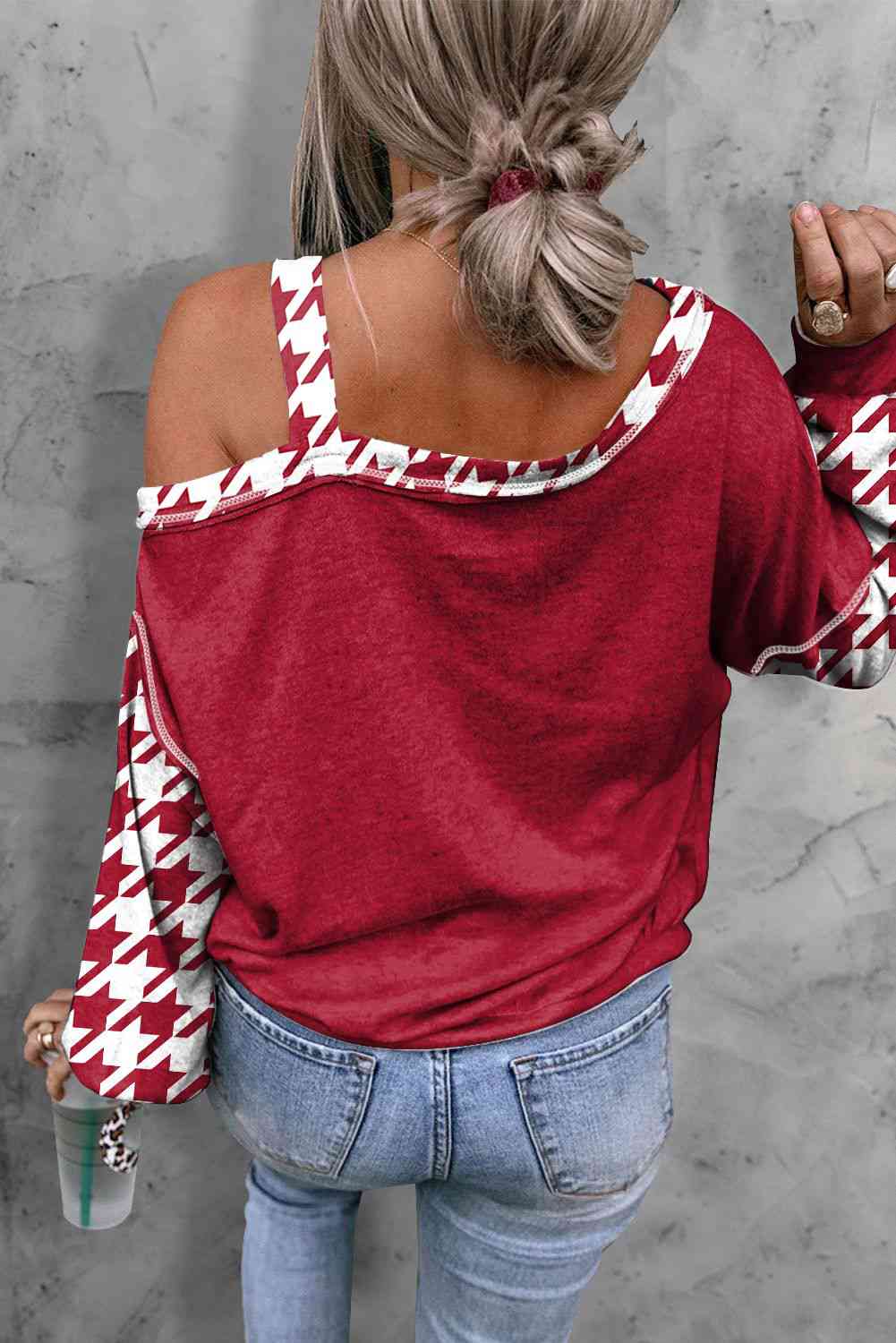 Houndstooth Long Sleeve Asymmetrical Neck Top BLUE ZONE PLANET