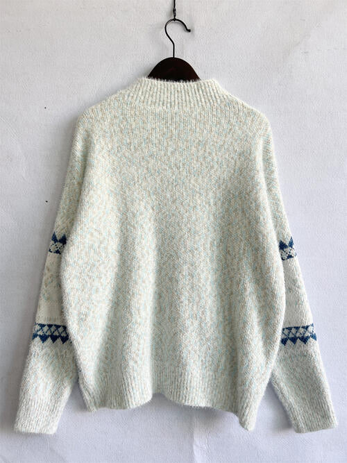 Geometric Mock Neck Dropped Shoulder Sweater BLUE ZONE PLANET