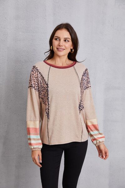 Contrast Stitching Leopard Long Sleeve Blouse Trendsi