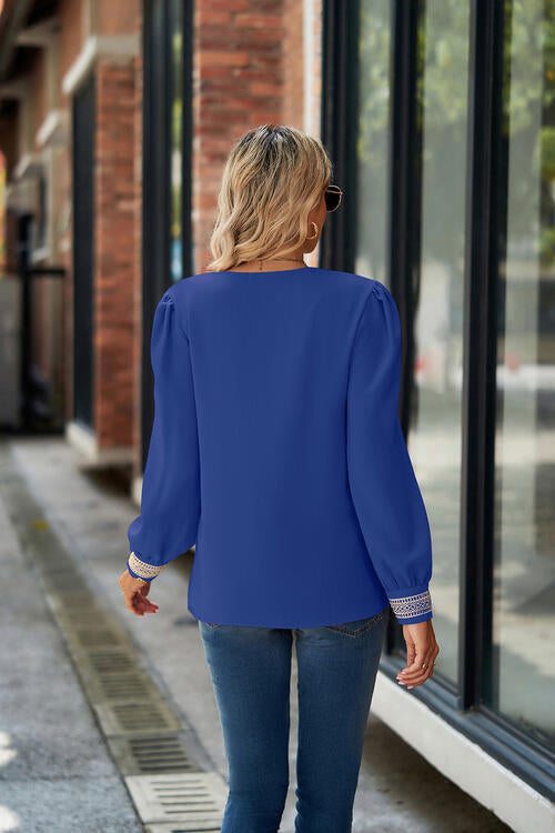 V-Neck Lace Detail Long Sleeve Top BLUE ZONE PLANET