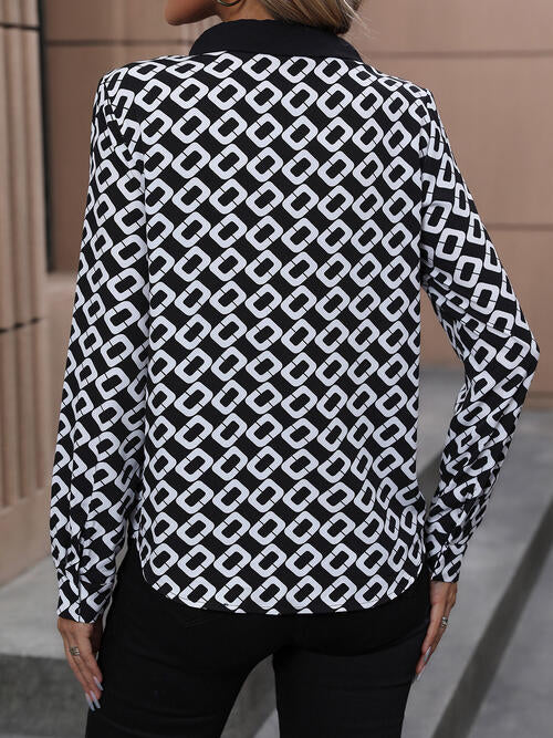 Printed Collared Neck Long Sleeve Shirt BLUE ZONE PLANET