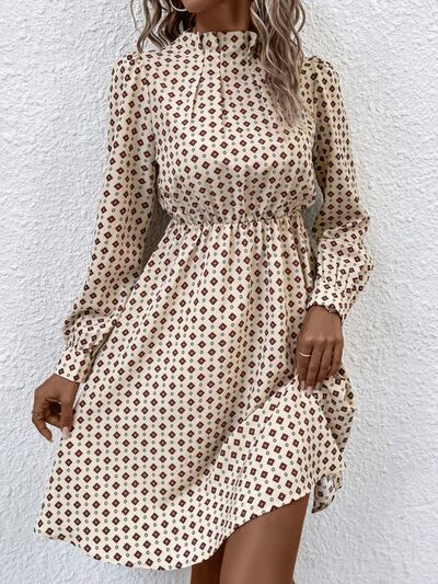 Printed Ruched Mock Neck Long Sleeve Dress Trendsi