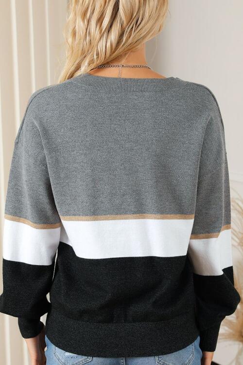 Striped V-Neck Long Sleeve Sweater BLUE ZONE PLANET