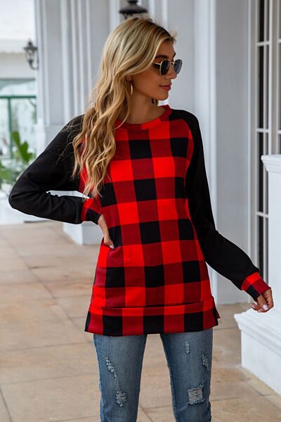 Plaid Round Neck Long Sleeve T-Shirt-TOPS / DRESSES-[Adult]-[Female]-2022 Online Blue Zone Planet