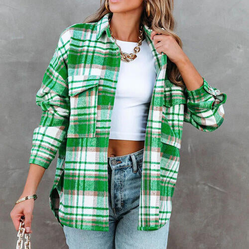 Plaid High-Low Collared Neck Jacket with Pockets BLUE ZONE PLANET
