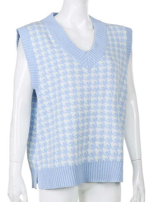 Houndstooth V-Neck Sweater Vet BLUE ZONE PLANET