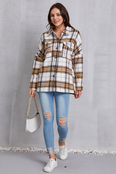 Plaid Button Up Dropped Shoulder Outerwear-TOPS / DRESSES-[Adult]-[Female]-2022 Online Blue Zone Planet