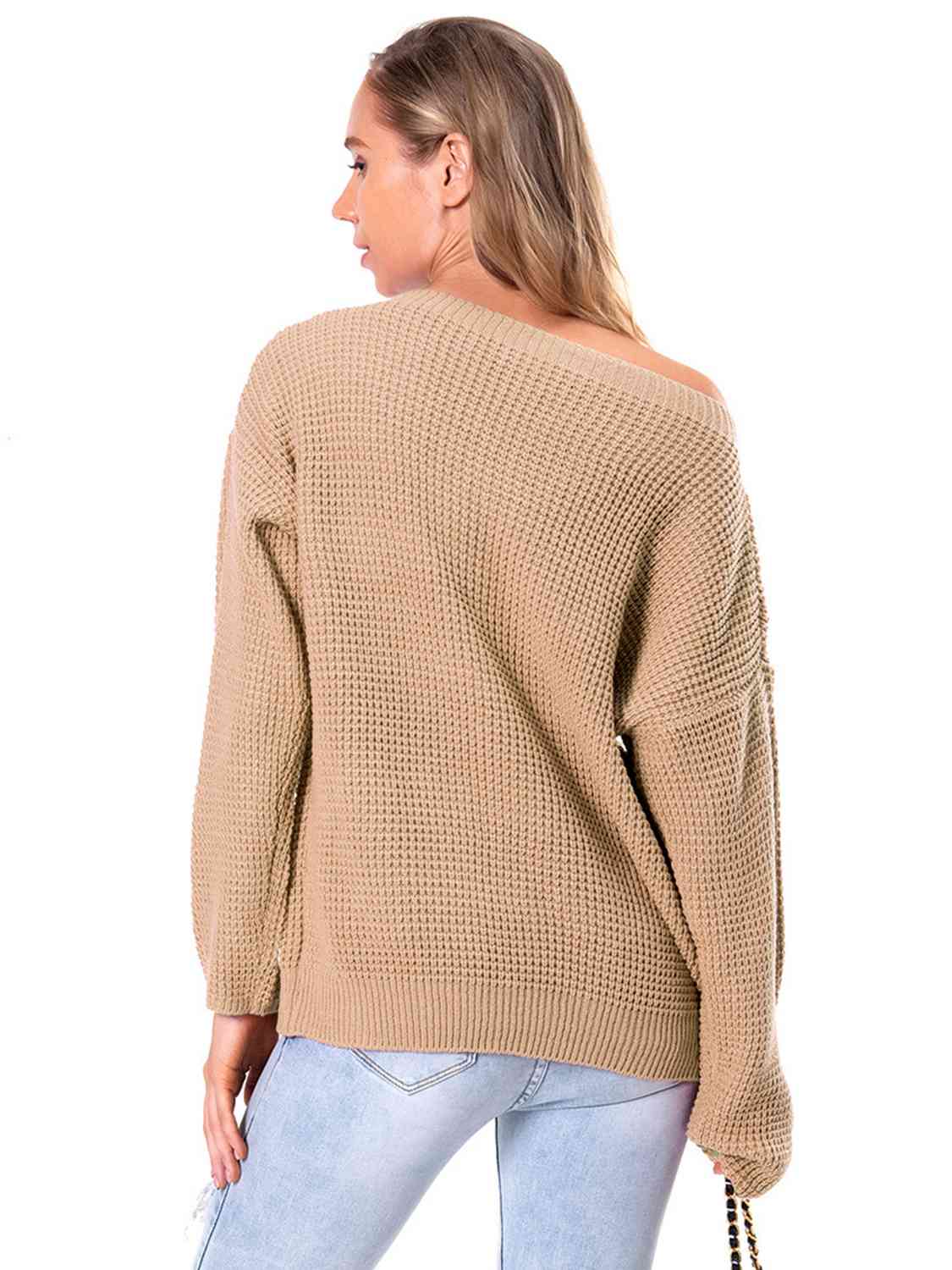 Boat Neck Drop Shoulder Long Sleeve Sweater BLUE ZONE PLANET