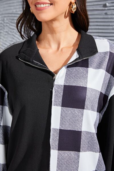 Plaid Exposed Seam Long Sleeve Blouse BLUE ZONE PLANET