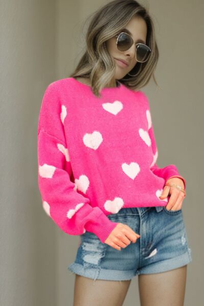 Blue Zone Planet |  Heart Round Neck Dropped Shoulder Sweater BLUE ZONE PLANET