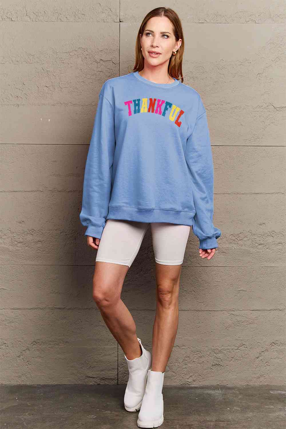 Simply Love Full Size THANKFUL Graphic Sweatshirt BLUE ZONE PLANET