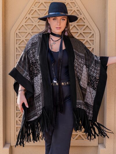 Plus Size Printed Fringe Open Front Outerwear-TOPS / DRESSES-[Adult]-[Female]-Black-0XL-2022 Online Blue Zone Planet