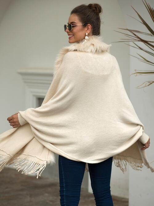 Fringe Open Front Long Sleeve Poncho BLUE ZONE PLANET