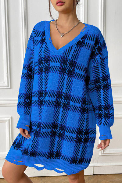 Plaid V-Neck Long Sleeve Sweater Dress BLUE ZONE PLANET