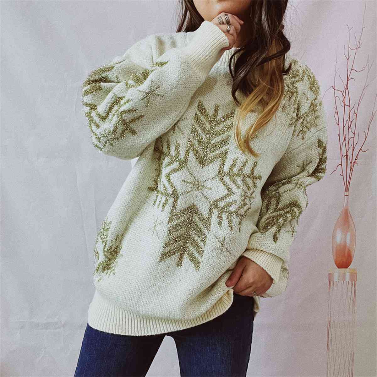 Snowflake Pattern Long Sleeve Sweater BLUE ZONE PLANET