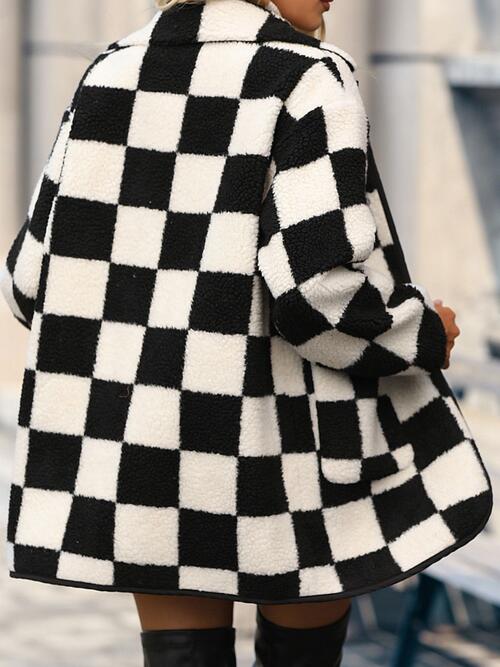 Plus Size Checkered Button Front Coat with Pockets BLUE ZONE PLANET