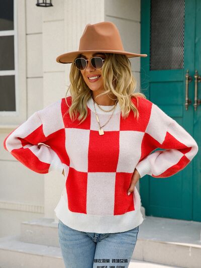 Checkered Round Neck Dropped Shoulder Sweater BLUE ZONE PLANET