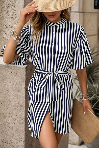 Blue Zone Planet |  Striped Button Up Tie Waist Mini Dress BLUE ZONE PLANET