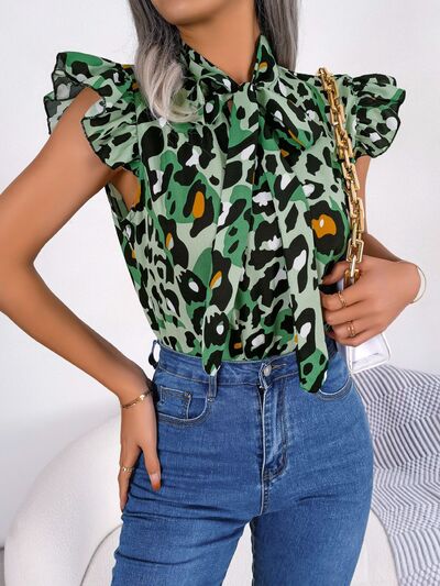 Leopard Tie Neck Cap Sleeve Blouse BLUE ZONE PLANET