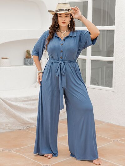 Blue Zone Planet |  Plus Size Ribbed Half Button Tie-Waist Jumpsuit BLUE ZONE PLANET