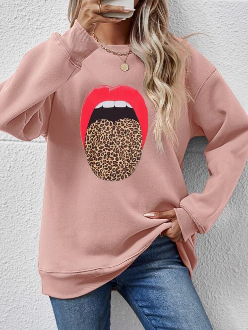 Leopard Lip Graphic Round Neck Sweatshirt BLUE ZONE PLANET