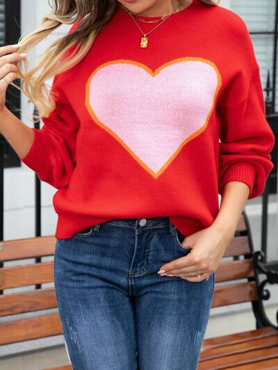 Heart Round Neck Long Sleeve Sweater Trendsi