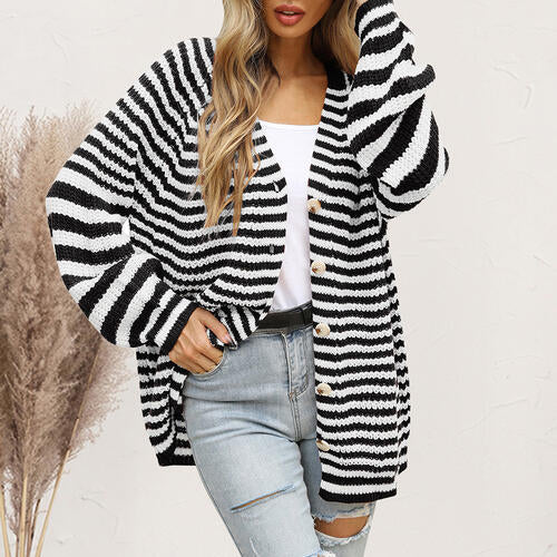 Striped Button Down Long Sleeve Cardigan BLUE ZONE PLANET