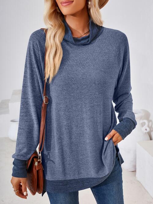 Contrast Mock Neck Long Sleeve T-Shirt BLUE ZONE PLANET