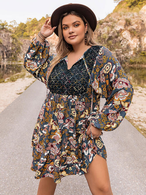 Plus Size Floral Tie Neck Balloon Sleeve Mini Dress BLUE ZONE PLANET