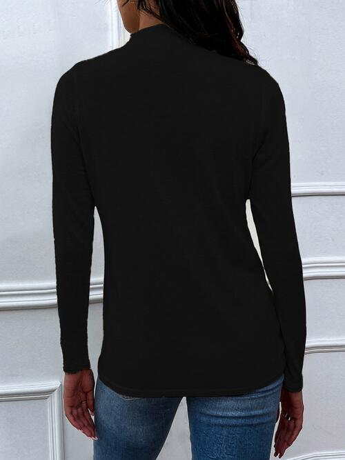 Drawstring Mock Neck Long Sleeve T-Shirt BLUE ZONE PLANET