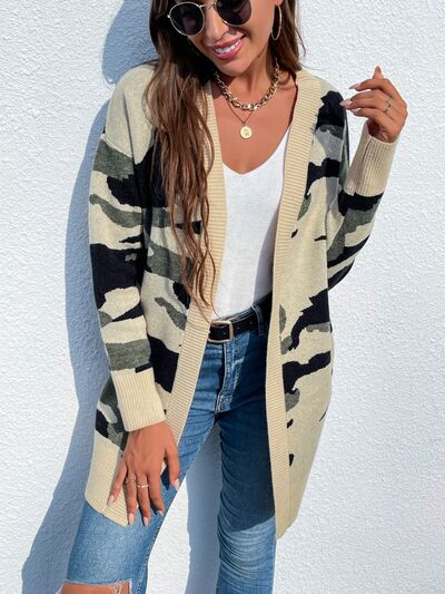 Blue Zone Planet |  Camouflaged Dropped Shoulder Open Front Cardigan BLUE ZONE PLANET