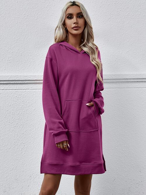 Slit Long Sleeve Hooded Dress with Pocket BLUE ZONE PLANET