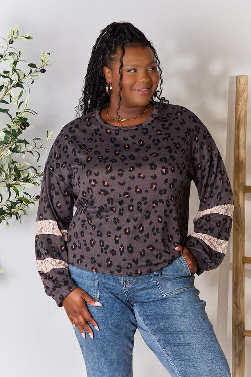 Jade By Jane Full Size Leopard Lace Detail Blouse BLUE ZONE PLANET