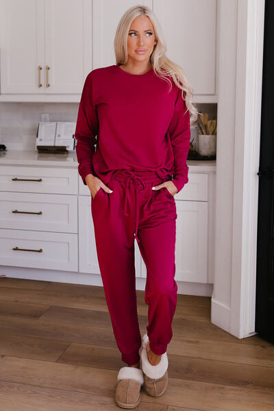 Round Neck Top and Drawstring Pants Lounge Set Trendsi