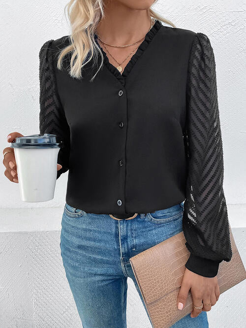 Mesh V-Neck Button Front Blouse BLUE ZONE PLANET