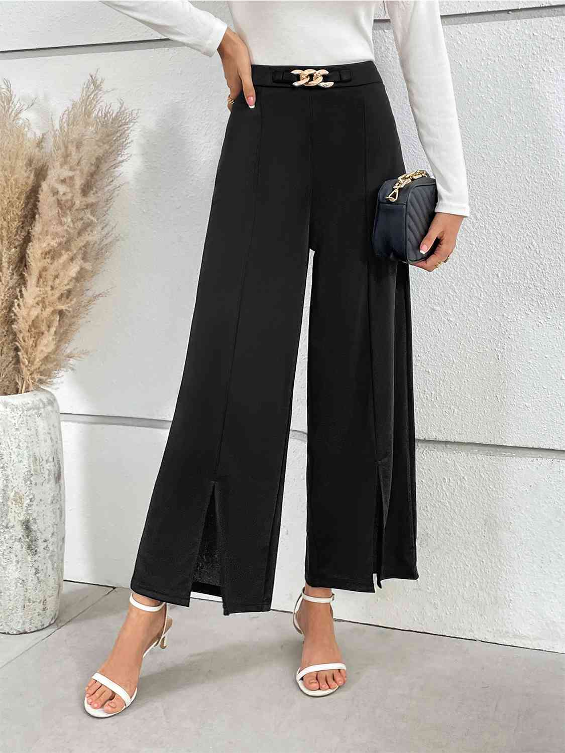 Chain Detail Slit Straight Pants BLUE ZONE PLANET