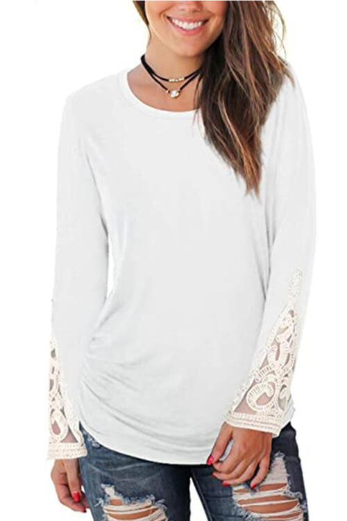 Lace Detail Long Sleeve Round Neck T-Shirt BLUE ZONE PLANET