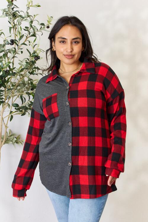 Heimish Full Size Plaid Button Down Shacket BLUE ZONE PLANET