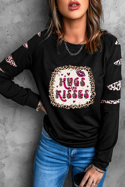 HUGS AND KISSES Leopard Round Neck Sweatshirt-TOPS / DRESSES-[Adult]-[Female]-2022 Online Blue Zone Planet