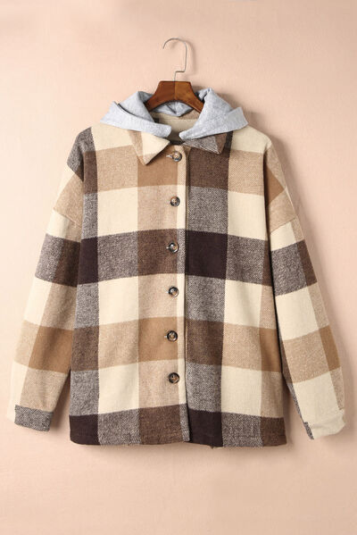Button Up Plaid Hooded Jacket BLUE ZONE PLANET