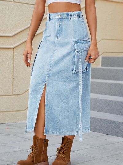 Blue Zone Planet |  Slit Pocketed High Waist Denim Skirt BLUE ZONE PLANET