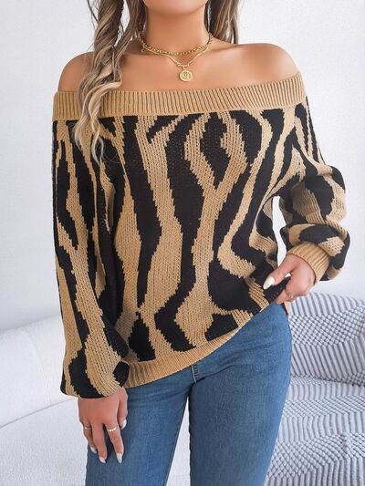 Blue Zone Planet |  Off-Shoulder Animal Print Long Sleeve Sweater BLUE ZONE PLANET