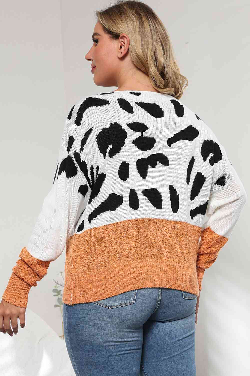 Plus Size Leopard Round Neck Long Sleeve Sweater BLUE ZONE PLANET