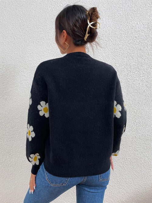 Flower Round Neck Latern Sleeve Sweater BLUE ZONE PLANET