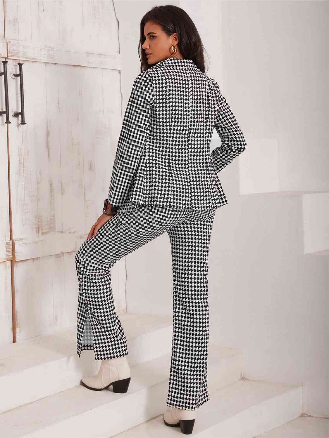 Checkered Blazer & Slit Pants Set BLUE ZONE PLANET